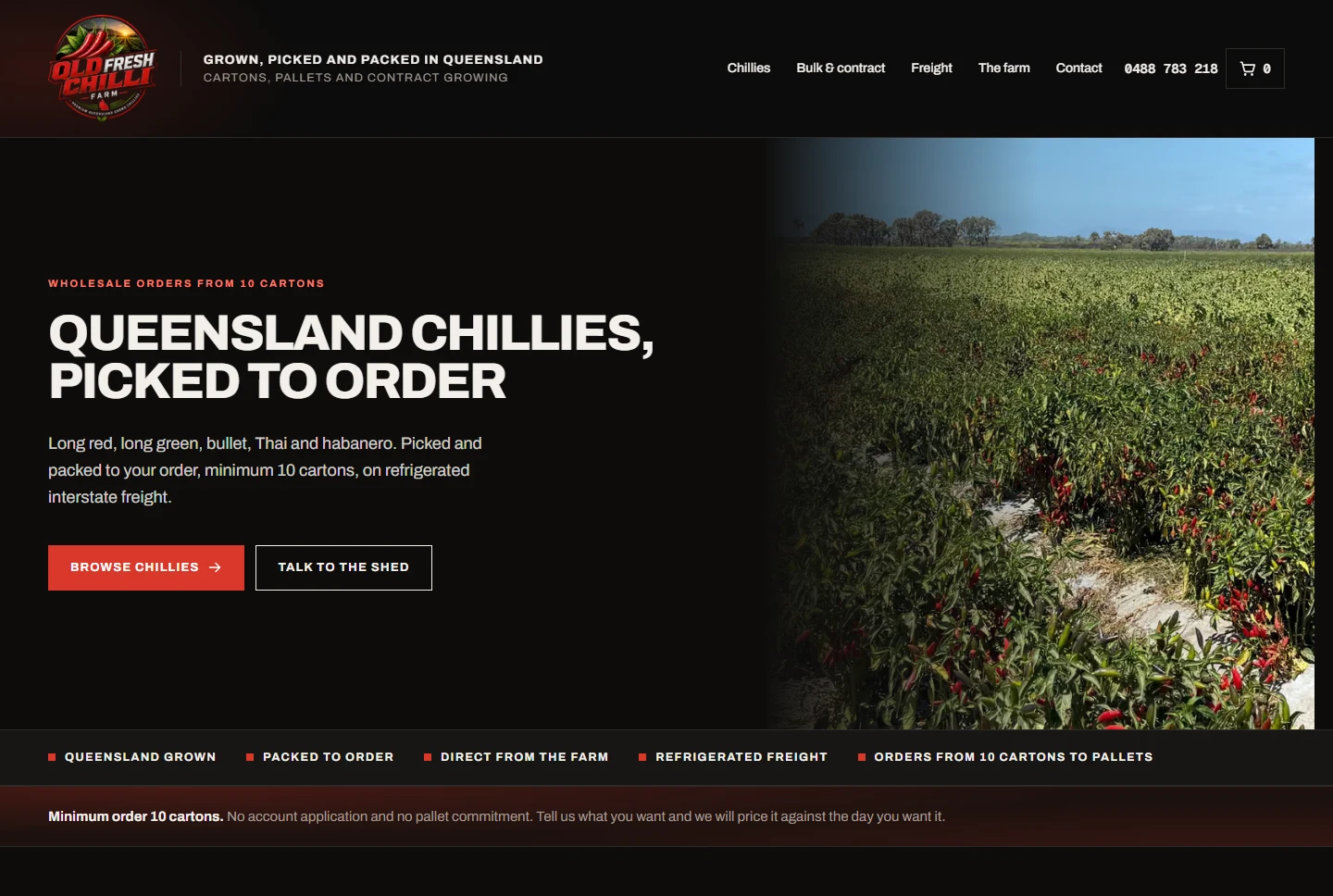 The live QLD Fresh Chilli Farm homepage, showing farm-grown chillies and wholesale ordering